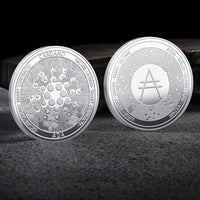 Mandotos International collection of physical metal crypto coins including Bitcoin, Ethereum, Dogecoin, and more in a plastic case.