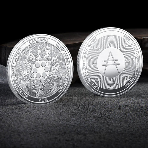 Mandotos International collection of physical metal crypto coins including Bitcoin, Ethereum, Dogecoin, and more in a plastic case.