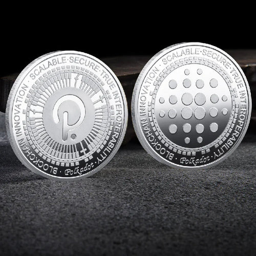 Mandotos International crypto coin collection featuring physical Bitcoin, Ethereum, ADA, Shiba Inu, Dogecoin, Ripple, and more in a plastic case.