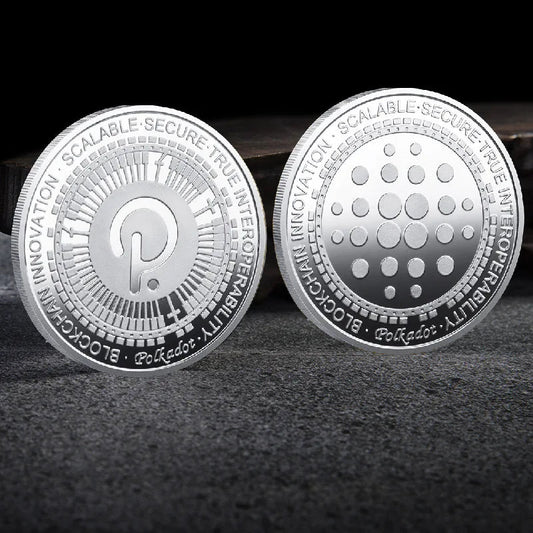 Mandotos International crypto coin collection featuring physical Bitcoin, Ethereum, ADA, Shiba Inu, Dogecoin, Ripple, and more in a plastic case.