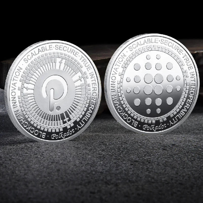 Mandotos International crypto coin collection featuring physical Bitcoin, Ethereum, ADA, Shiba Inu, Dogecoin, Ripple, and more in a plastic case.