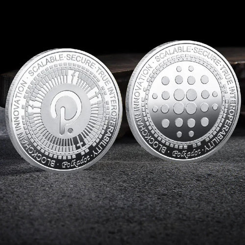 Mandotos International crypto coin collection featuring physical Bitcoin, Ethereum, ADA, Shiba Inu, Dogecoin, Ripple, and more in a plastic case.