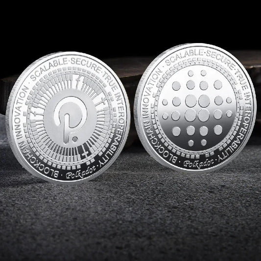 Mandotos International crypto coin collection featuring physical Bitcoin, Ethereum, ADA, Shiba Inu, Dogecoin, Ripple, and more in a plastic case.