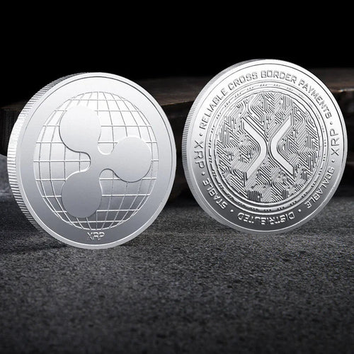 Physical metal crypto currency coin collection featuring Bitcoin, Ethereum, Dogecoin, and more by Mandotos International in a plastic case.