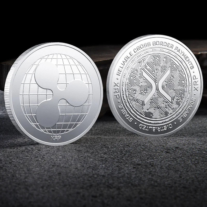 Physical metal crypto currency coin collection featuring Bitcoin, Ethereum, Dogecoin, and more by Mandotos International in a plastic case.