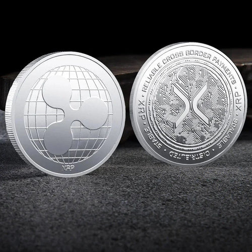 Physical metal crypto currency coin collection featuring Bitcoin, Ethereum, Dogecoin, and more by Mandotos International in a plastic case.