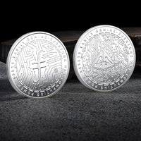 Mandotos International collection of physical metal crypto coins including Bitcoin, Ethereum, Dogecoin, Ripple, and more in plastic case.