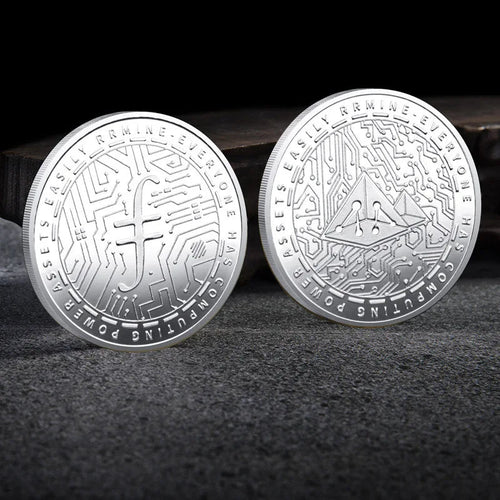 Mandotos International collection of physical metal crypto coins including Bitcoin, Ethereum, Dogecoin, Ripple, and more in plastic case.