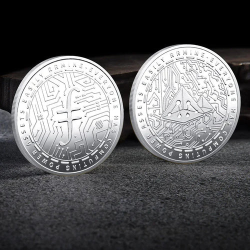 Mandotos International collection of physical metal crypto coins including Bitcoin, Ethereum, Dogecoin, Ripple, and more in plastic case.