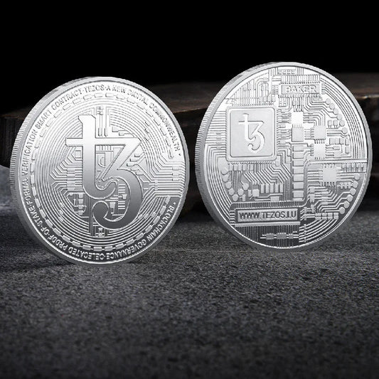 Mandotos International collection of physical metal crypto coins including Bitcoin, Ethereum, Dogecoin, and more in plastic case.
