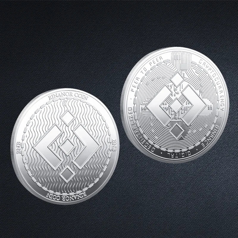 Mandotos International collection of physical metal crypto coins featuring Bitcoin, Ethereum, Dogecoin, and more in a plastic case.