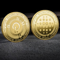 Mandotos International metal crypto currency coin collection featuring Bitcoin, Ethereum, Dogecoin, and more in a plastic case.