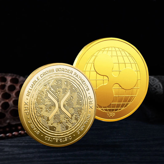 Mandotos International crypto coin collection featuring Bitcoin, Ethereum, Dogecoin, Ripple, and other metal physical coins in a plastic case.