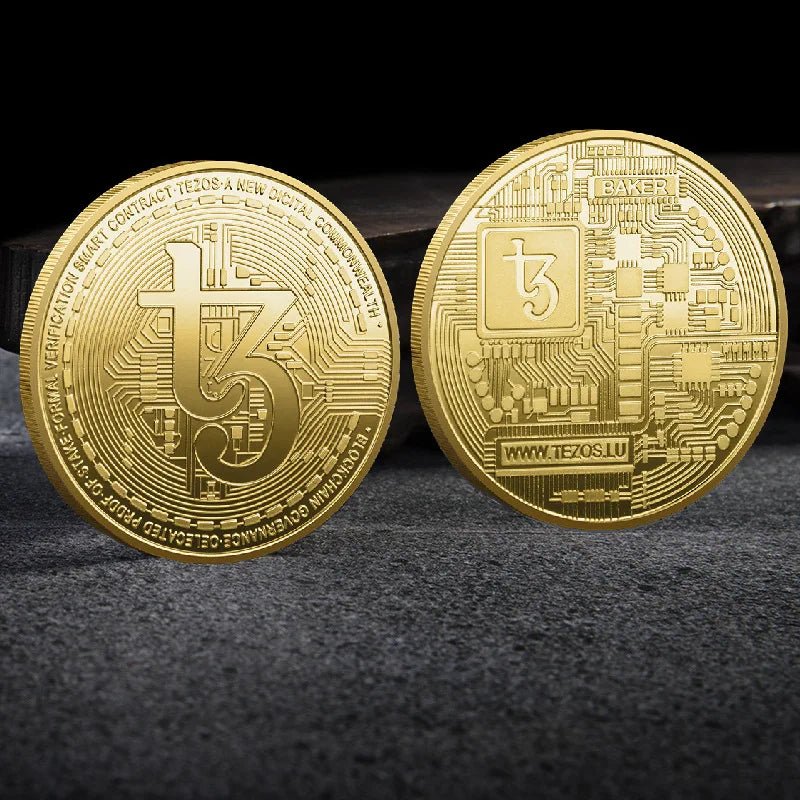 Mandotos International collection of physical metal cryptocurrency coins including Bitcoin, Ethereum, Dogecoin, and more in a plastic case.
