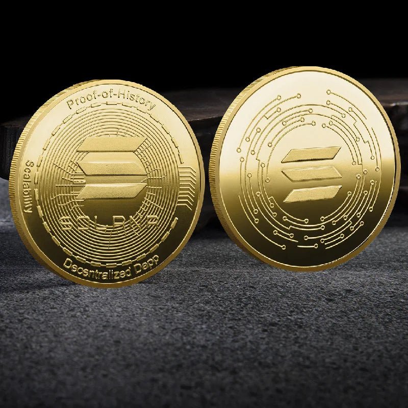 Mandotos International collection of physical metal cryptocurrency coins including Bitcoin, Ethereum, Dogecoin, and more in plastic case.
