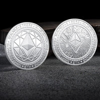 Mandotos International crypto coin collection featuring Bitcoin, Ethereum, Dogecoin, Ripple, and other metal coins in a plastic case.