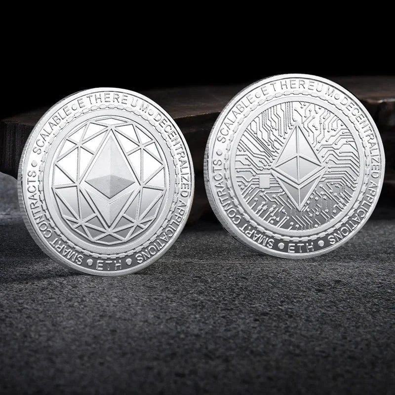 Mandotos International crypto coin collection featuring Bitcoin, Ethereum, Dogecoin, Ripple, and other metal coins in a plastic case.