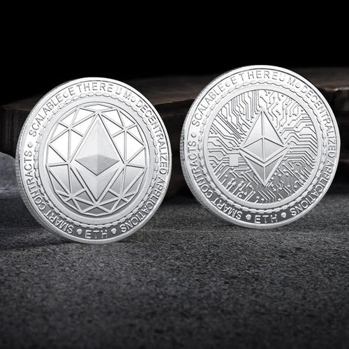 Mandotos International crypto coin collection featuring Bitcoin, Ethereum, Dogecoin, Ripple, and other metal coins in a plastic case.