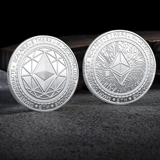 Mandotos International crypto coin collection featuring Bitcoin, Ethereum, Dogecoin, Ripple, and other metal coins in a plastic case.