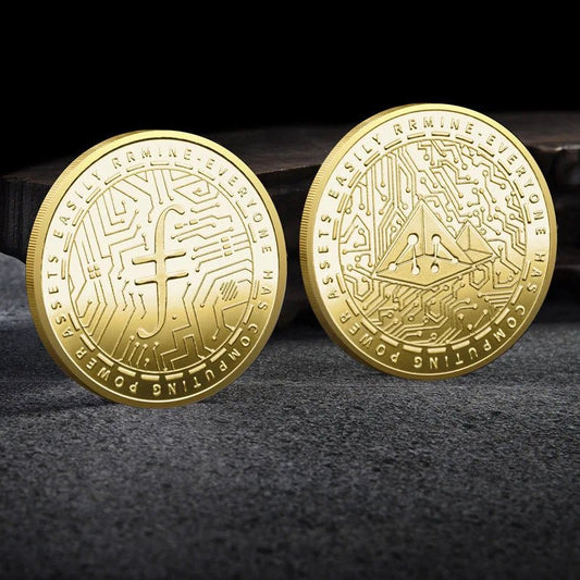 Mandotos International collection of physical metal crypto coins including Bitcoin, Ethereum, Dogecoin, and more in a plastic case.