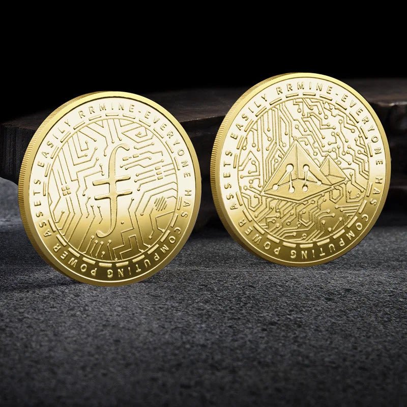 Mandotos International collection of physical metal crypto coins including Bitcoin, Ethereum, Dogecoin, and more in a plastic case.