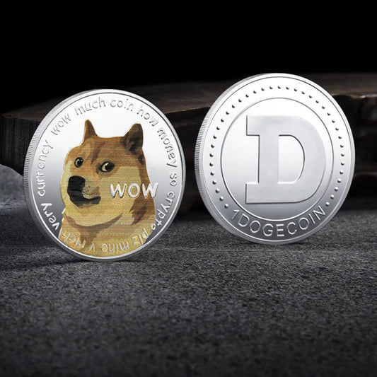 Mandotos International collection of physical metal crypto coins including Bitcoin, Ethereum, Dogecoin, and more in plastic case.