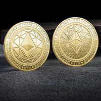 Mandotos International metal crypto coin collection featuring Bitcoin, Ethereum, Dogecoin, and more in a plastic display case.