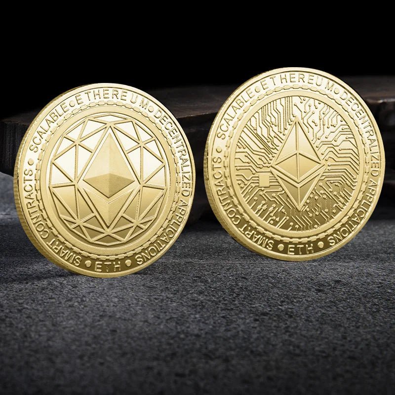 Mandotos International metal crypto coin collection featuring Bitcoin, Ethereum, Dogecoin, and more in a plastic display case.