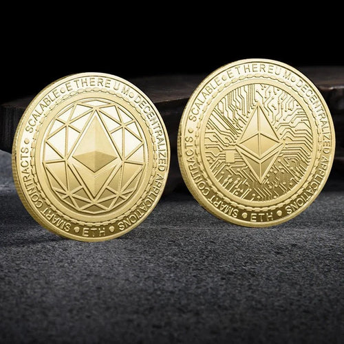 Mandotos International metal crypto coin collection featuring Bitcoin, Ethereum, Dogecoin, and more in a plastic display case.