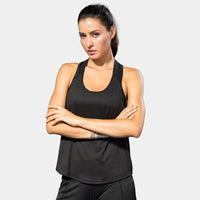Black sleeveless yoga top for women by MANDOTOS INTERNATIONAL, backless fitness shirt with a comfortable fit and stylish design.