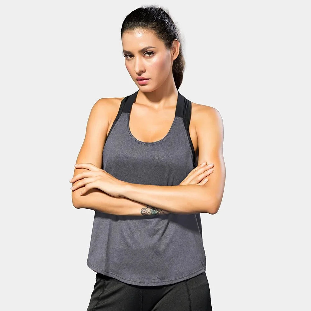 Black sleeveless yoga top for women by Mandotos International, backless fitness shirt with a comfortable fit and athletic style.