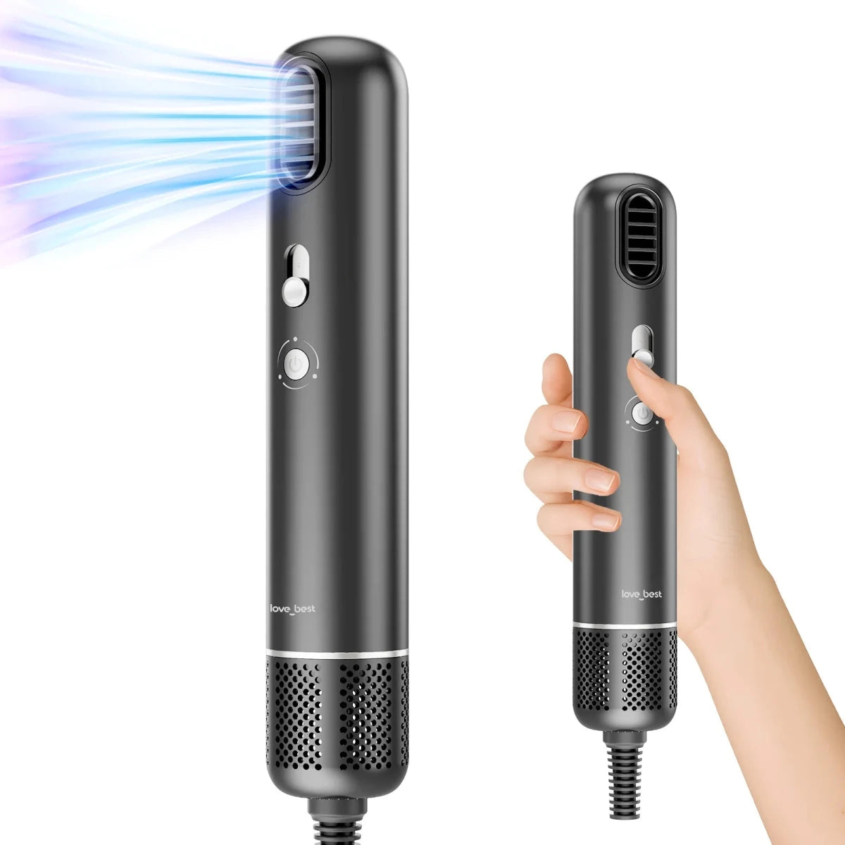Mandotos International BLDC motor ionic hair dryer, portable and low noise, suitable for travel and home use, FCC certified.