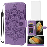 Purple leather wallet case with screen protector for Galaxy S21 Ultra by MANDOTOS INTERNATIONAL, showing interior card slots and sleek design.