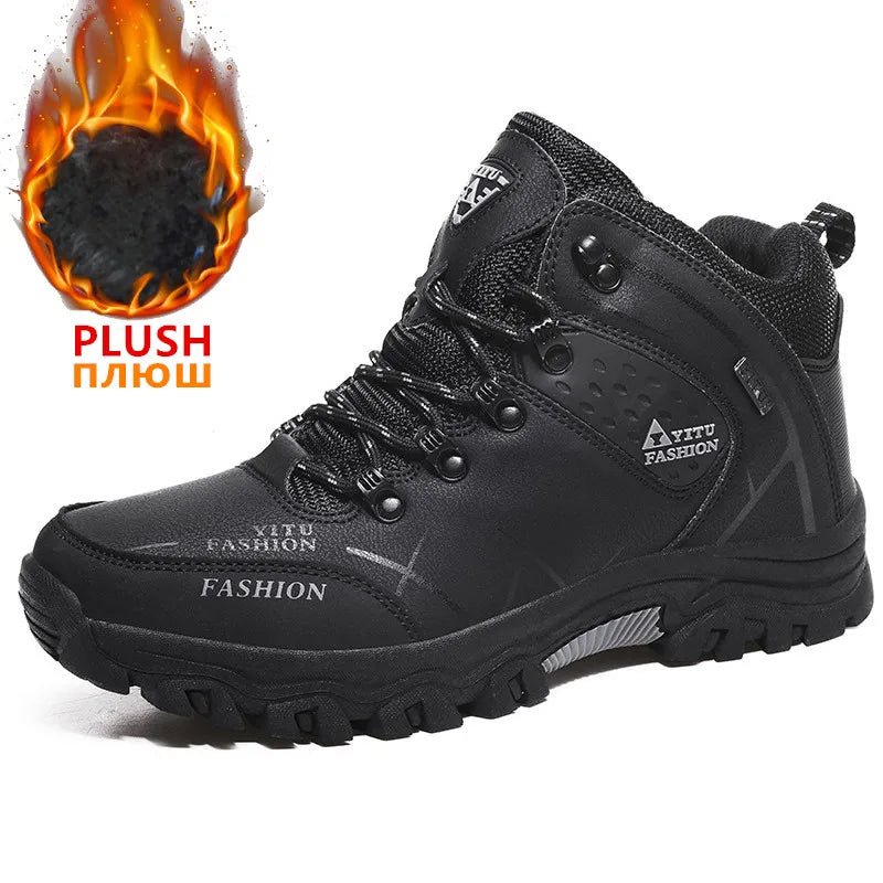 Mandotos International men's winter snow boots, waterproof leather hiking shoes, outdoor work boots, size 39-47, super warm and durable.