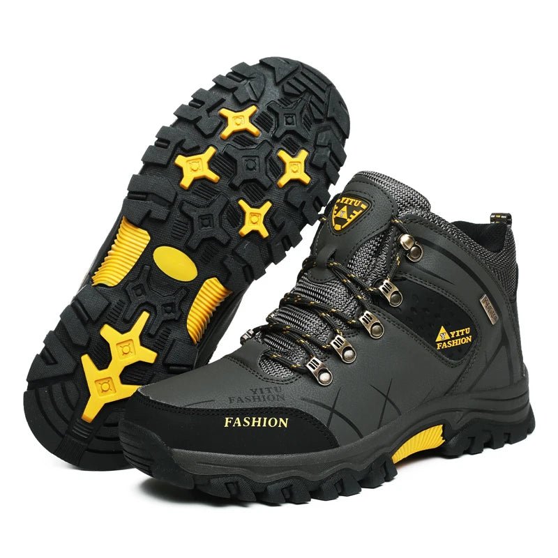 Mandotos International men's waterproof winter snow boots with leather exterior, insulated for warmth, outdoor hiking and work shoes size 39-47.