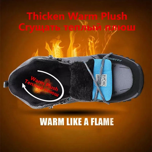 Mandotos International men's waterproof leather winter snow boots, outdoor hiking and work shoes, size 39-47, super warm and durable.