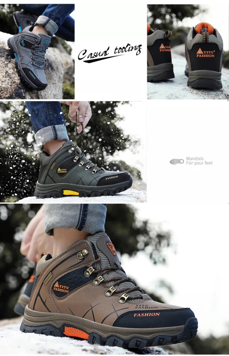 Mandotos International men's waterproof leather winter snow boots, outdoor hiking and work shoes with a warm lining, size 39-47.