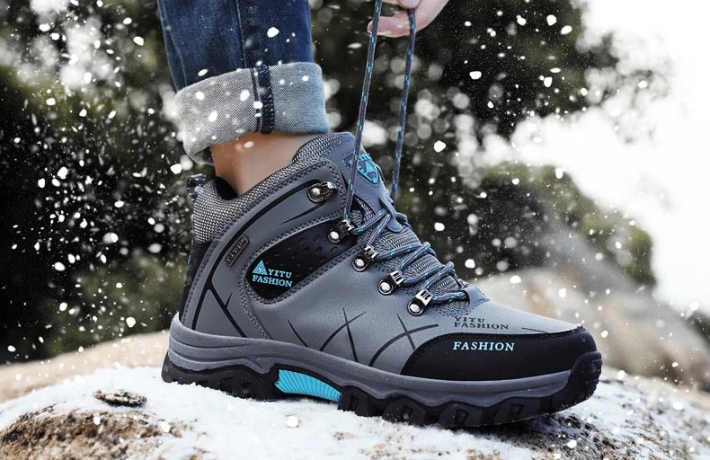 Men's waterproof leather winter snow boots by MANDOTOS INTERNATIONAL, outdoor hiking and work shoes in size 39-47.