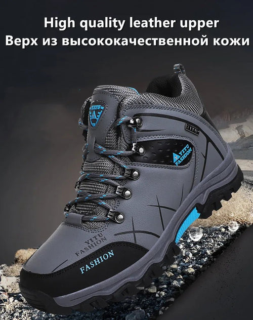 Mandotos International men's waterproof leather winter snow boots, outdoor hiking and work shoes, size 39-47.