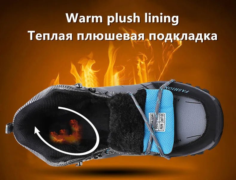 Mandotos International men's winter snow boots, waterproof leather, outdoor hiking and work shoes, size 39-47, super warm and durable.