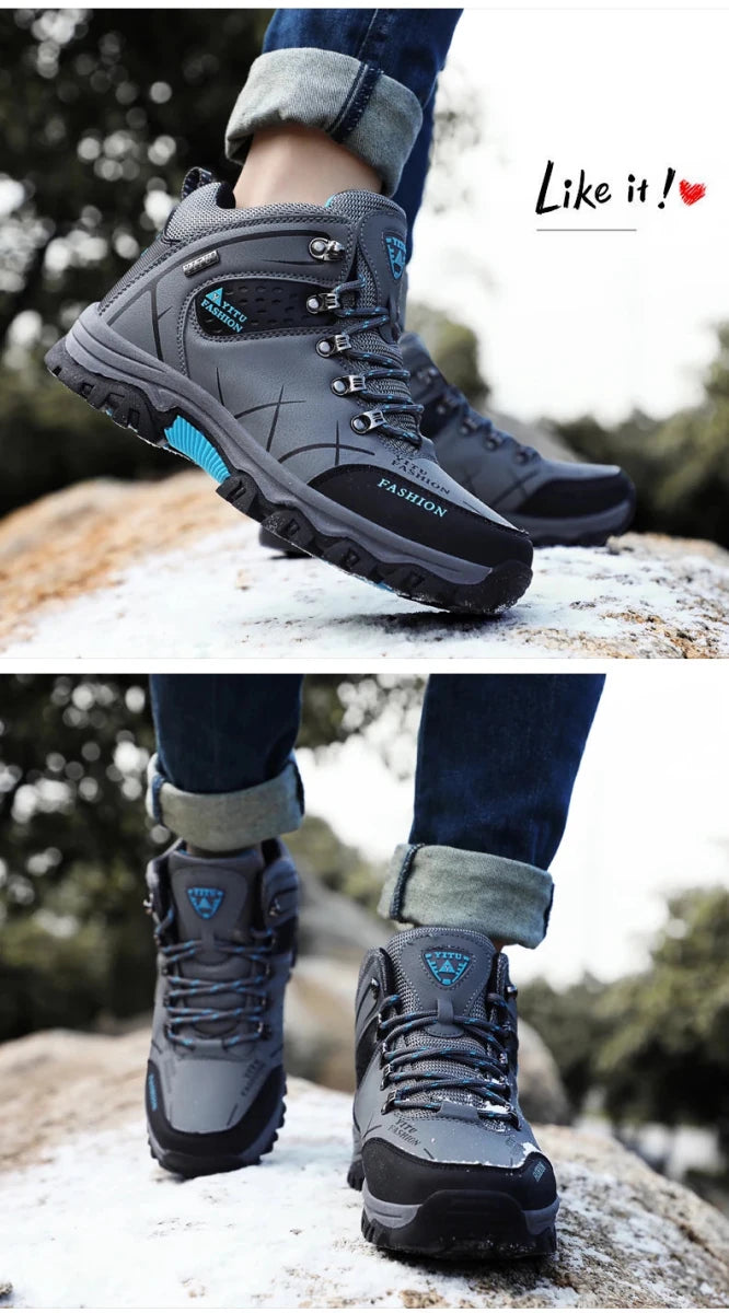 Mandotos International men's winter snow boots with waterproof leather, warm lining, rugged outdoor hiking and work shoes size 39-47.