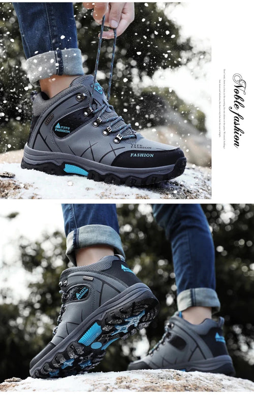 Mandotos men's winter snow boots with waterproof leather, outdoor hiking style, super warm, size 39-47, suitable for work and outdoor activities.