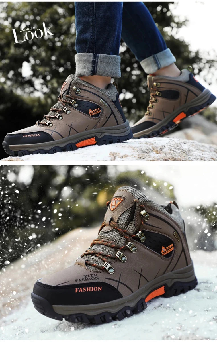 Mandotos International men's winter snow boots, waterproof leather, warm hiking and work shoes, outdoor footwear size 39-47.