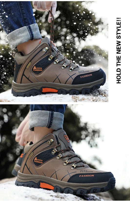 Mandotos International men's waterproof leather winter snow boots, outdoor hiking and work shoes, size 39-47, super warm and durable.