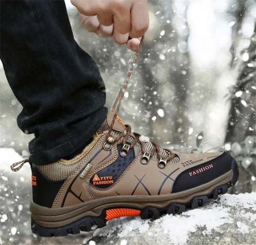 Mandotos International men's winter snow boots with waterproof leather, warm lining, outdoor hiking and work shoe, size 39-47.