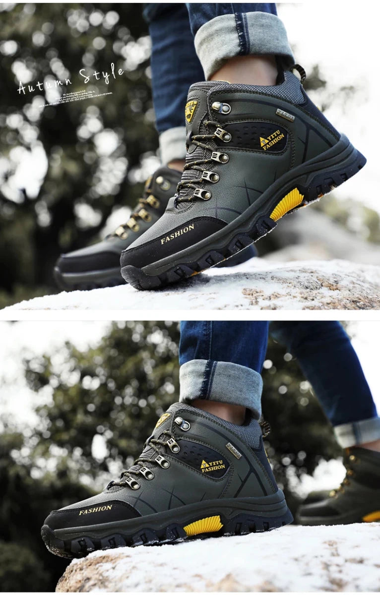 Mandotos International men's winter snow boots with waterproof leather, warm lining, outdoor hiking and work shoe for size 39-47.
