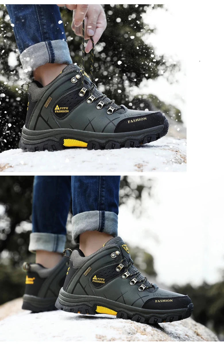 Mandotos International men's winter snow boots, waterproof leather, outdoor hiking and work shoes, size 39-47, super warm and durable.