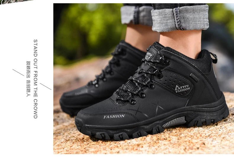 Mandotos International men's waterproof winter snow boots in leather, suitable for hiking and outdoor work, size 39-47.