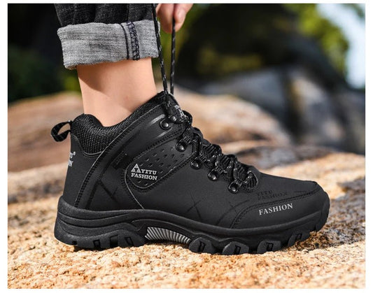 Mandotos men's waterproof leather winter snow boots, outdoor hiking shoes, super warm, size 39-47, designed for outdoor work and hiking.