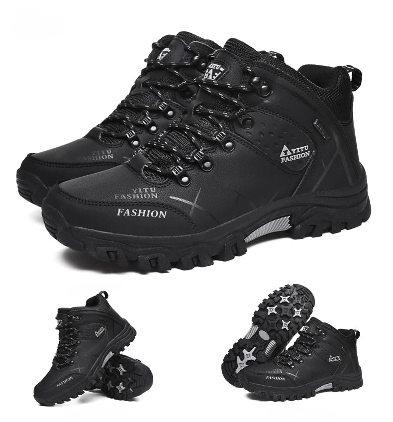 Mandotos International men's waterproof leather winter snow boots, outdoor hiking and work shoes, size 39-47.